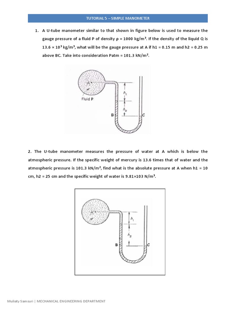 Tutorial 5 (Simple Manometer) PDF Pressure Measurement Pressure