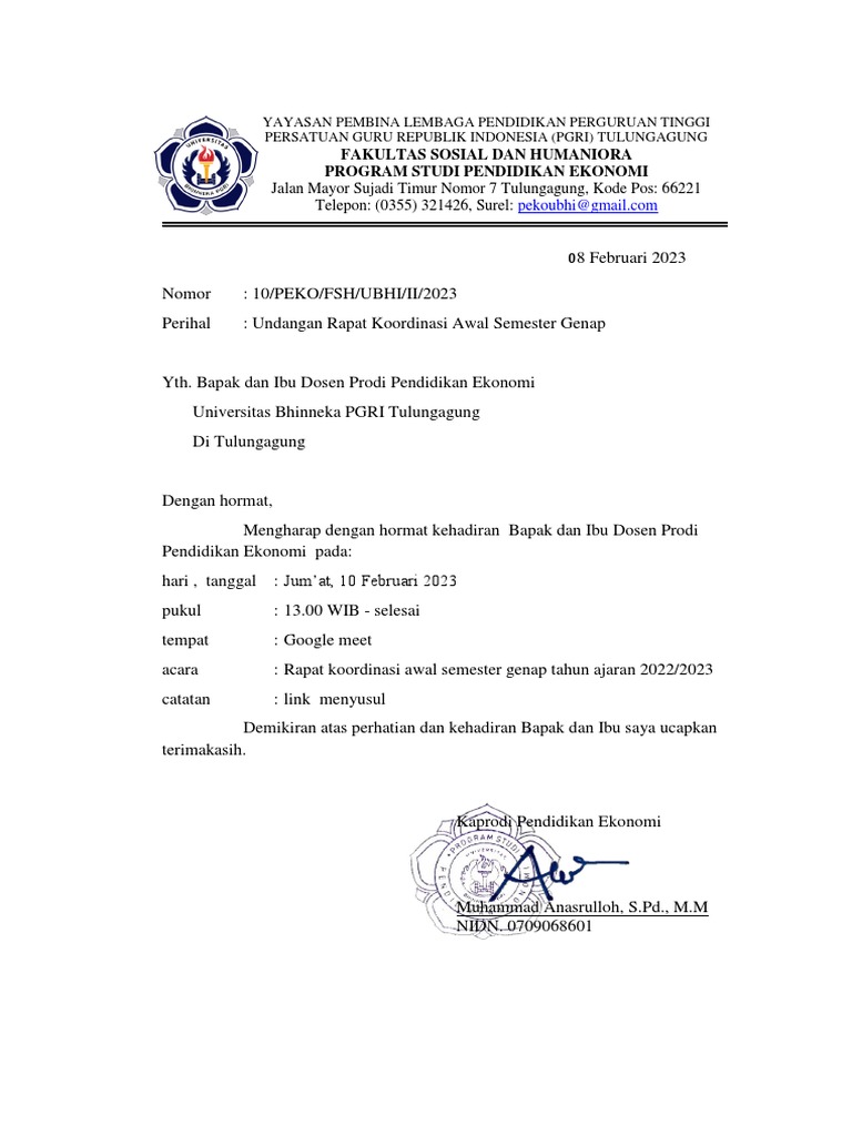 Surat Undangan Rapat Koordinasi Awal Semester Genap Th. 2022-2023 | PDF