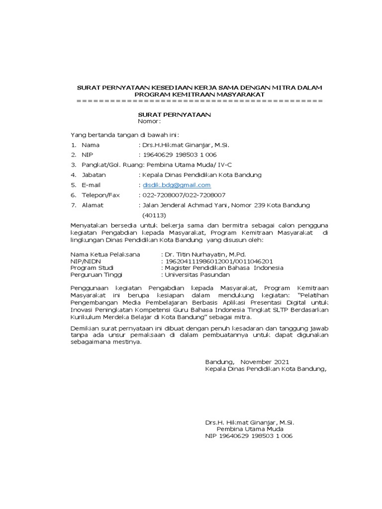 PENGABDIAN, SURAT PERNYATAAN KESEDIAAN KERJA SAMA MITRA | PDF