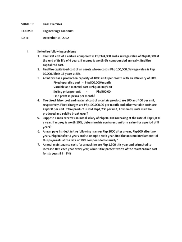 Engineering Economics Final Exercises Pdf