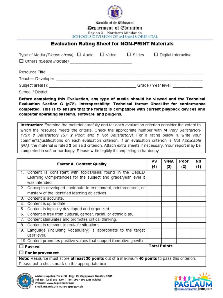 Evaluation Rating Sheet For Non Print | PDF | Evaluation | Human ...