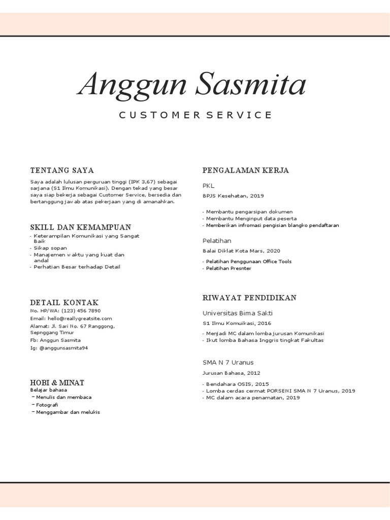 Contoh cv untuk customer service design sederhana fresh graduate pdf