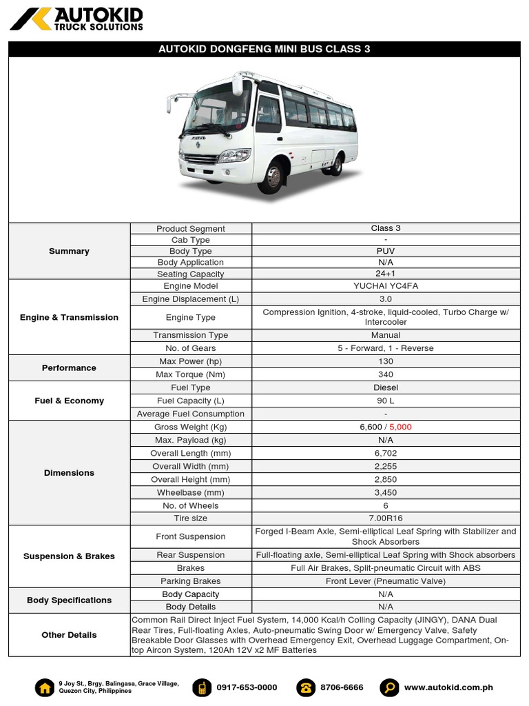 Autokid dongfeng mini bus class 3 130hp specs updated pdf pdf axle