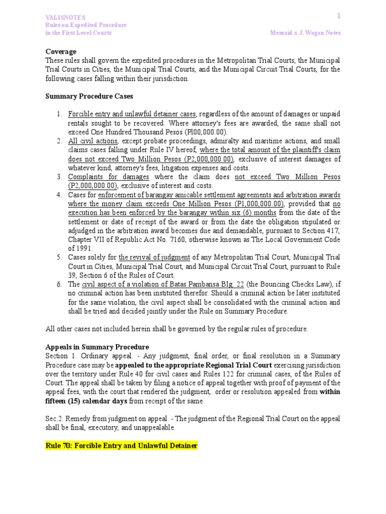 Expedited Procedure Rules for Ejectment Cases | PDF | Pleading | Lawsuit
