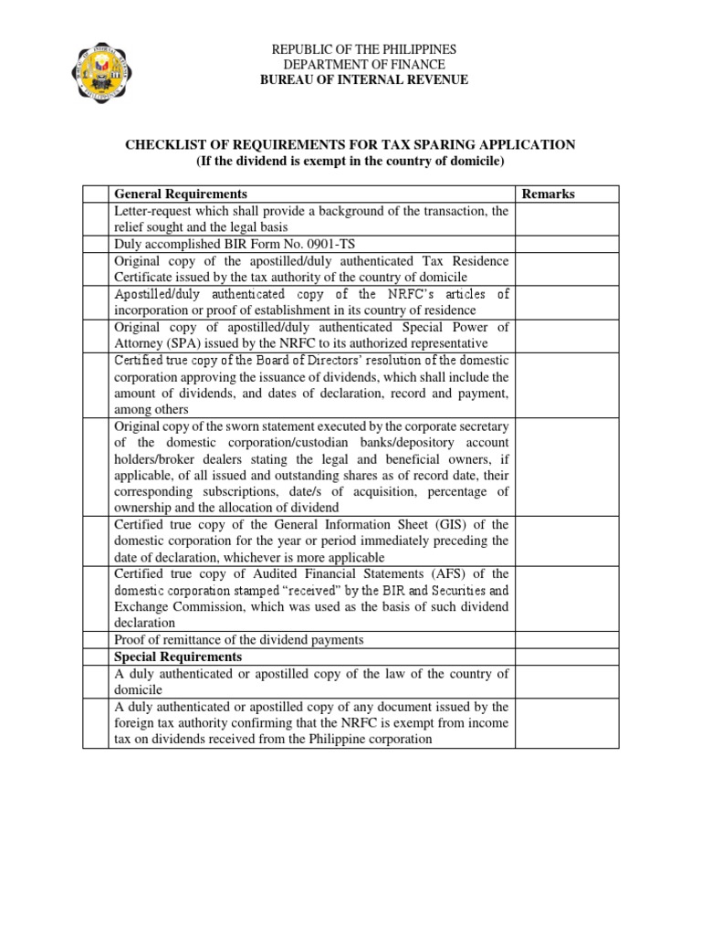 Checklist of Requirements If Dividend Is Exempt in The Country of