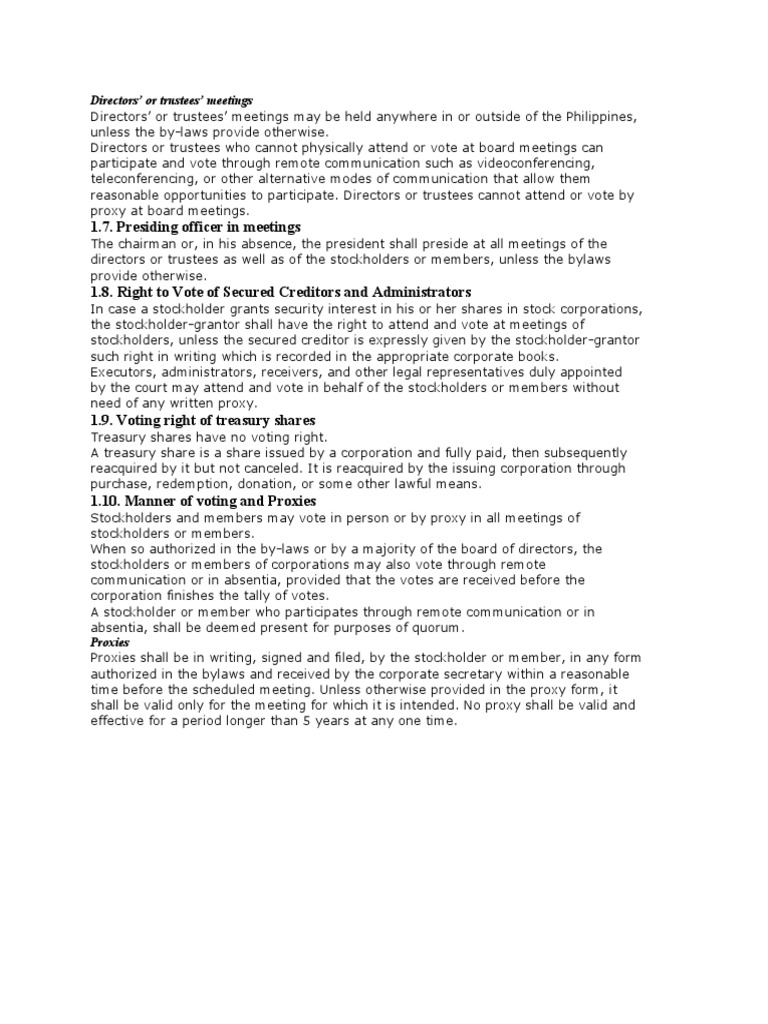 1.7. Presiding Officer in Meetings: Directors' or Trustees' Meetings ...