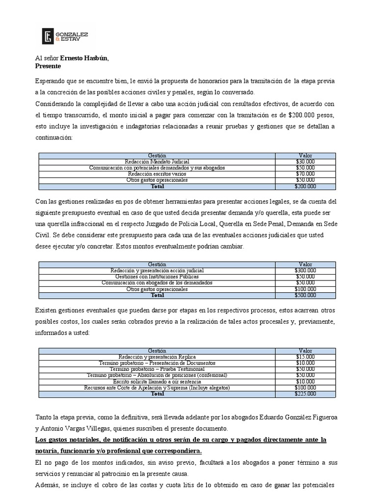 Propuesta de Honorarios Legales | PDF | Queja | Justicia