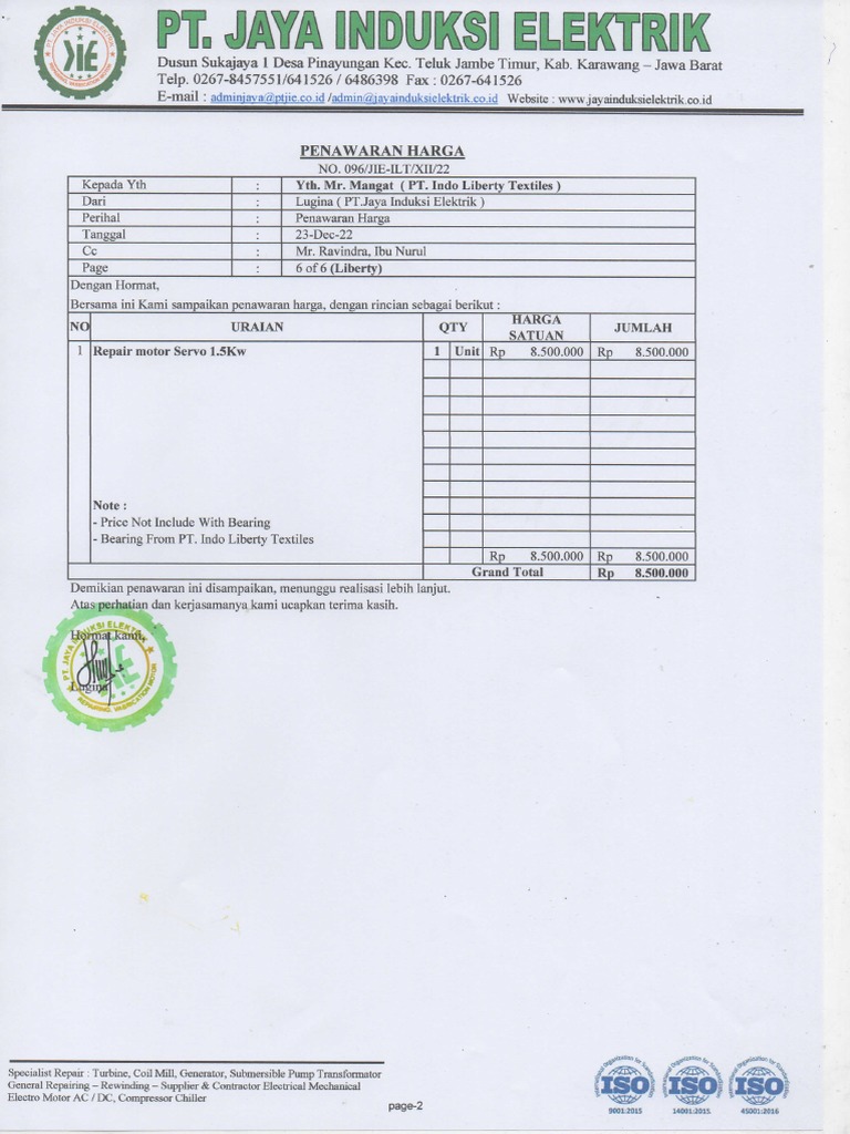 Penawaran Harga No 096 PT Indo Liberty Textiles PDF | PDF