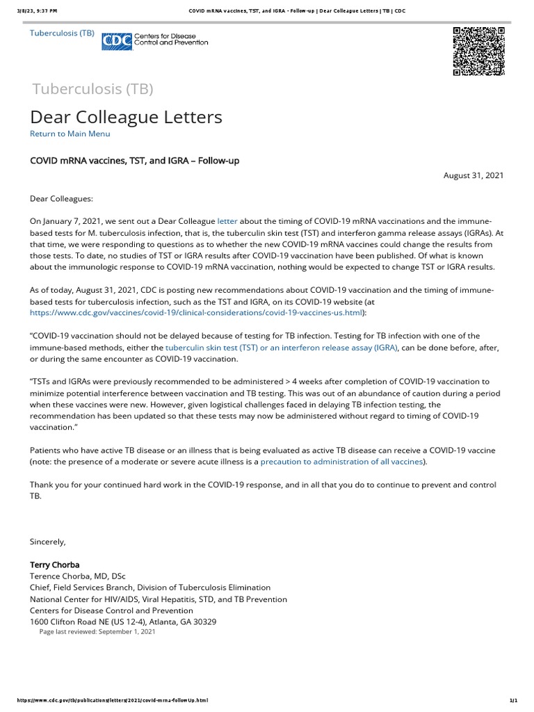 COVID mRNA Vaccines, TST, and IGRA FollowUp Dear Colleague Letters