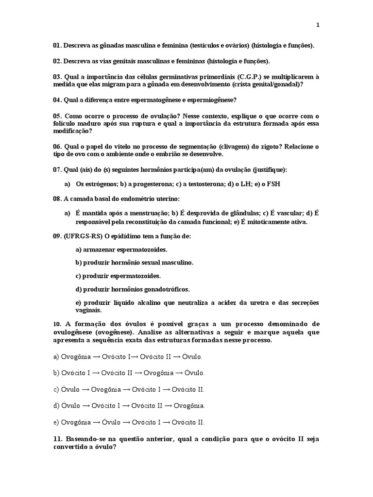 Embriologia Ficha de Exercicios | PDF