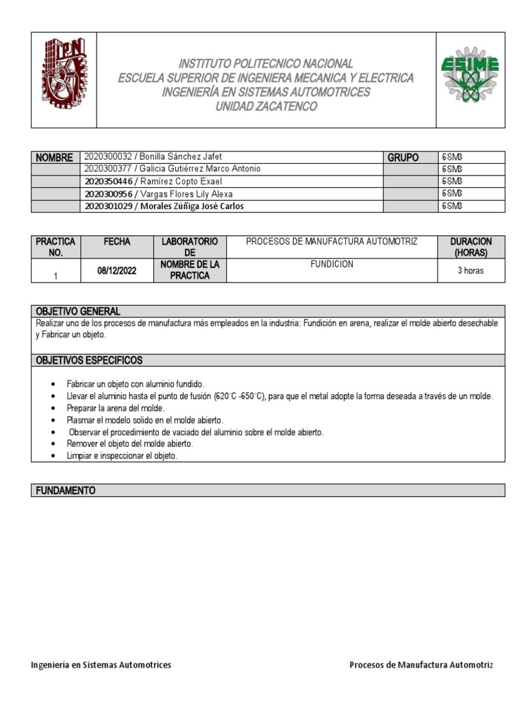 Formato de Practica | PDF | Fundición (metalurgia) | Aluminio