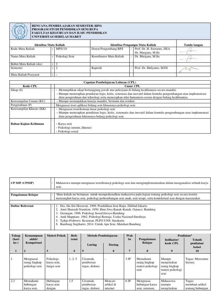 RPS Psikologi Seni UNS Semester 2 | PDF