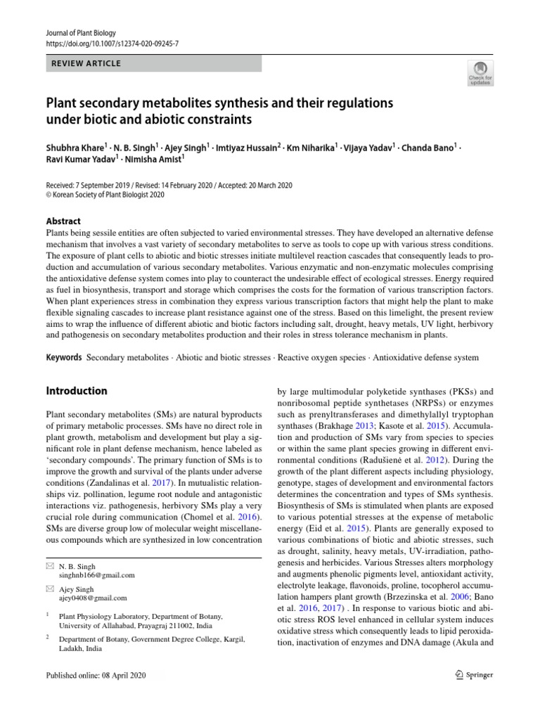 Plant Secondary Metabolites Synthesis and Their Regulations Under ...