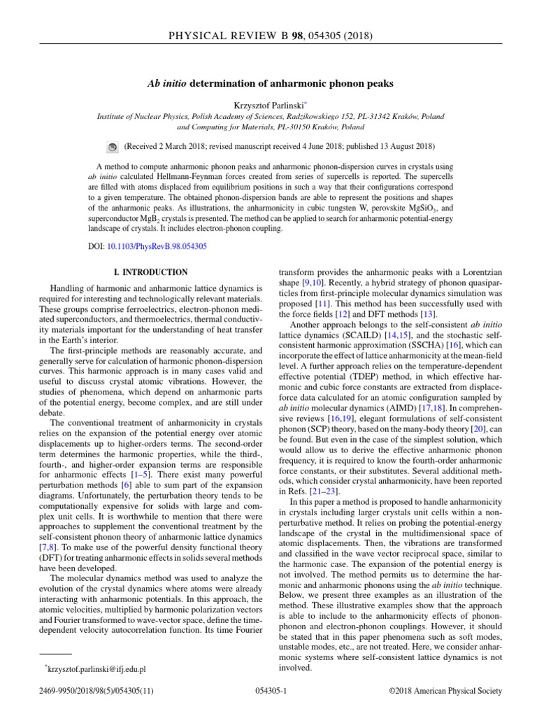 Ab Initio Determination of Anharmonic Phonon Peaks PDF | PDF | Phonon ...