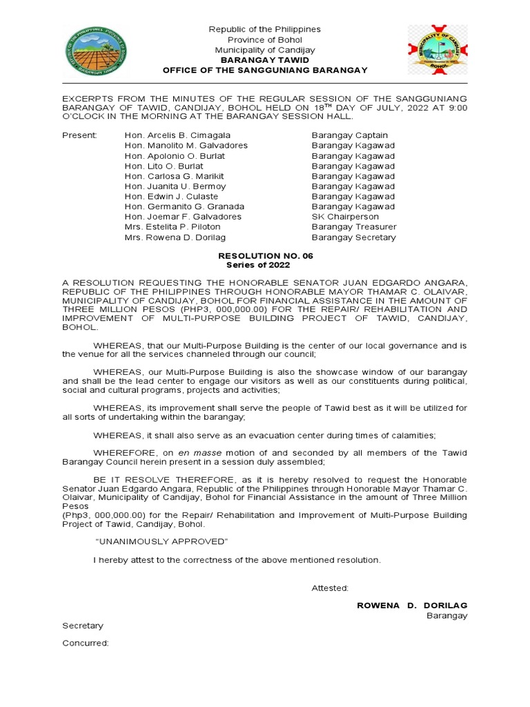 Request for Financial Assistance to Repair and Improve the Tawid Multi