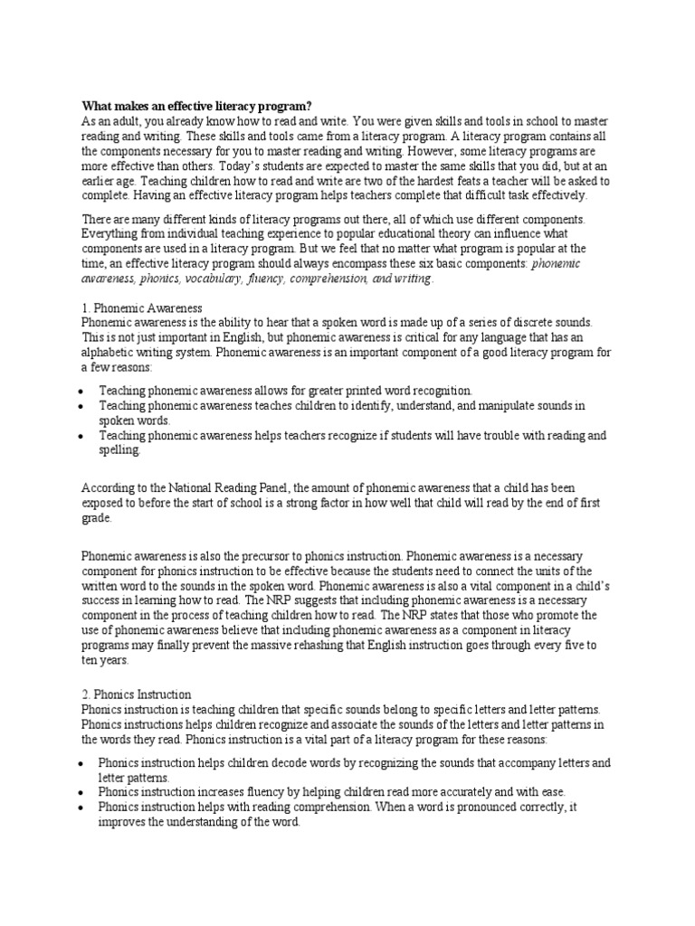 The six key components of an effective literacy program pdf phonics