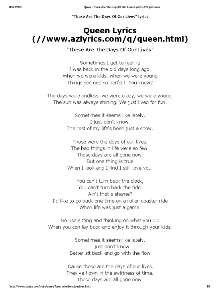Queen these are the days of our lives lyrics pdf