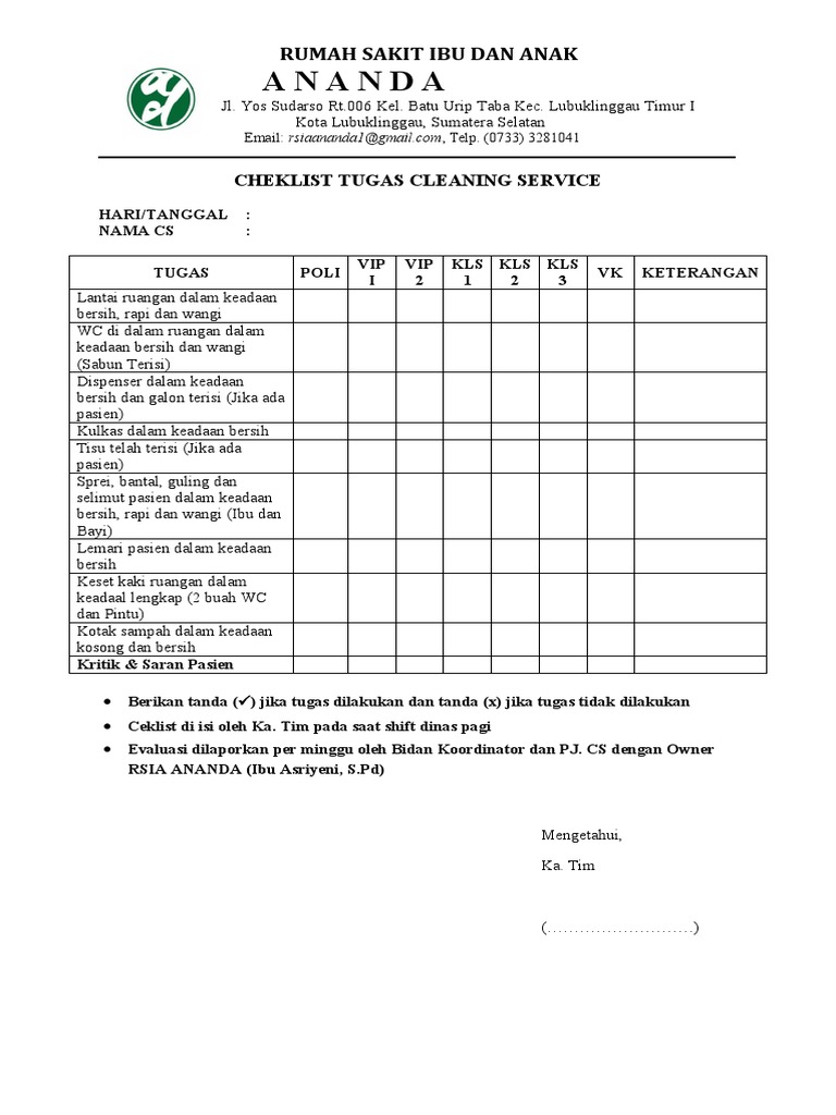 Ceklist Tugas Cleaning Service PDF