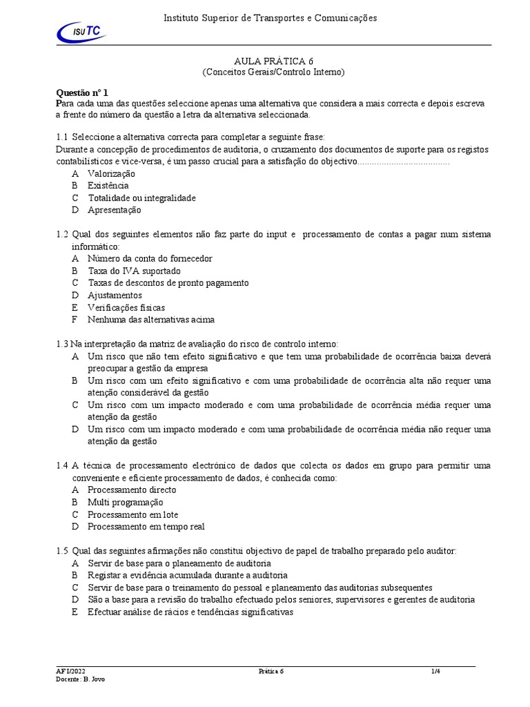 Auditoria e Controlo Interno: Questões Práticas | PDF | Contabilidade ...