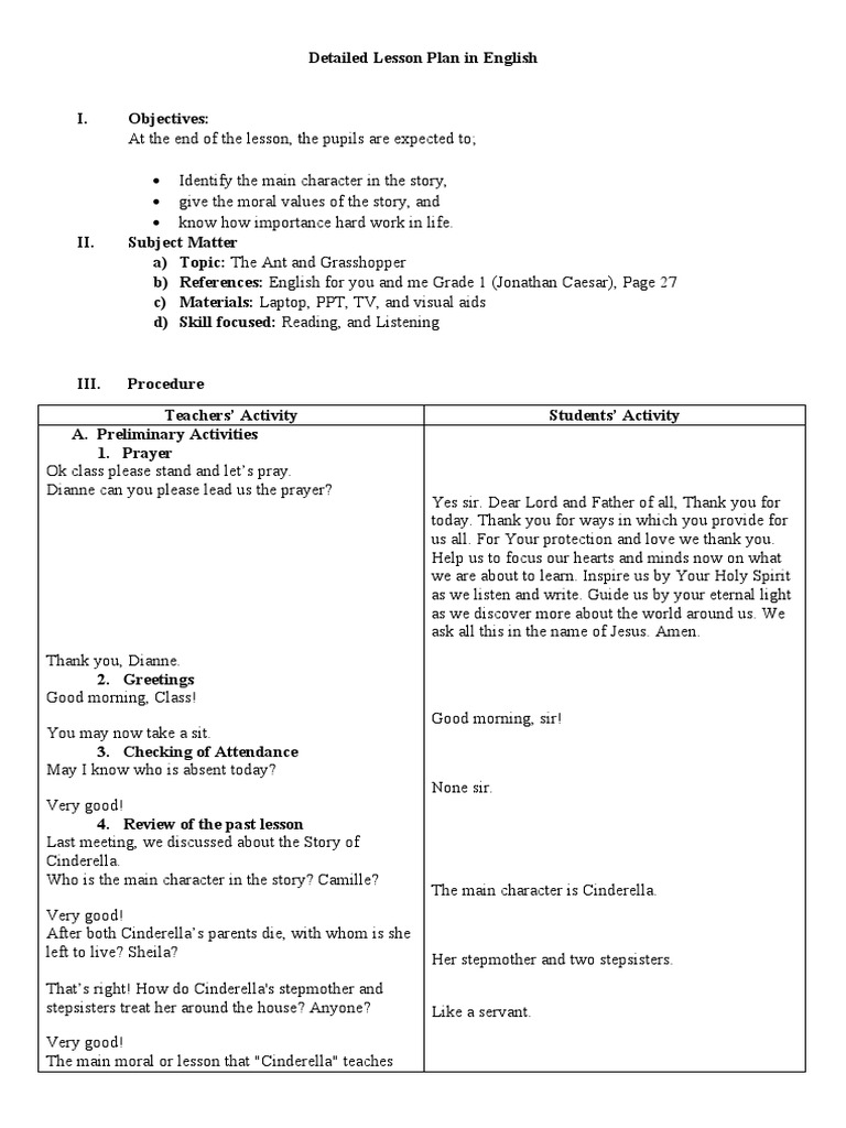 Grade 1 Literature Lesson Plan: Ant vs. Grasshopper | PDF | Lesson Plan ...