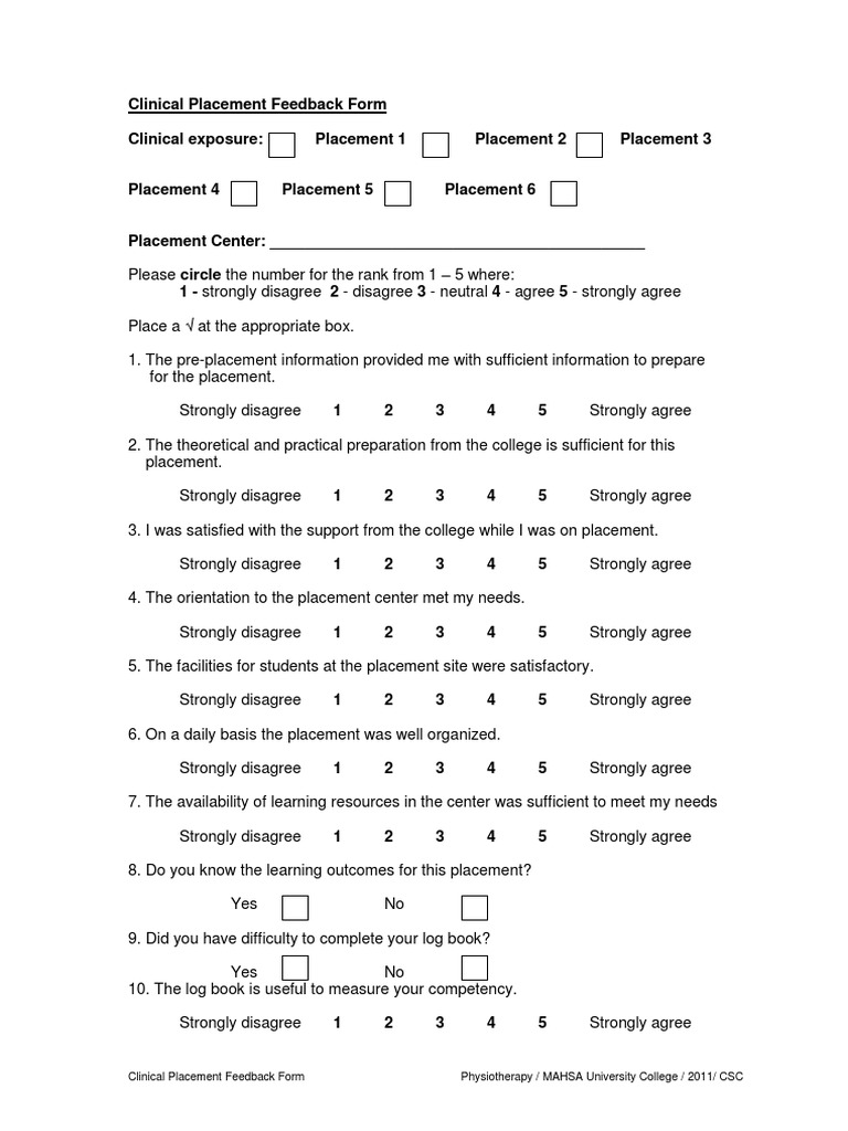 Clinical Placement Feedback Form | PDF | Cognitive Science | Cognition