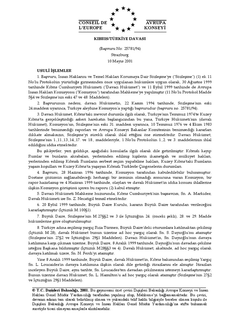 CASE OF CYPRUS v. TURKEY (Turkish Translation) by The Turkish