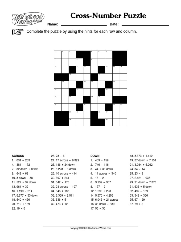 WorksheetWorks CrossNumber Puzzle 1 | PDF | Puzzles | Games Of Mental Skill