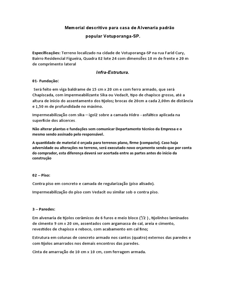 Memorial Descritivo de Obra Residencial em Votuporanga | PDF ...