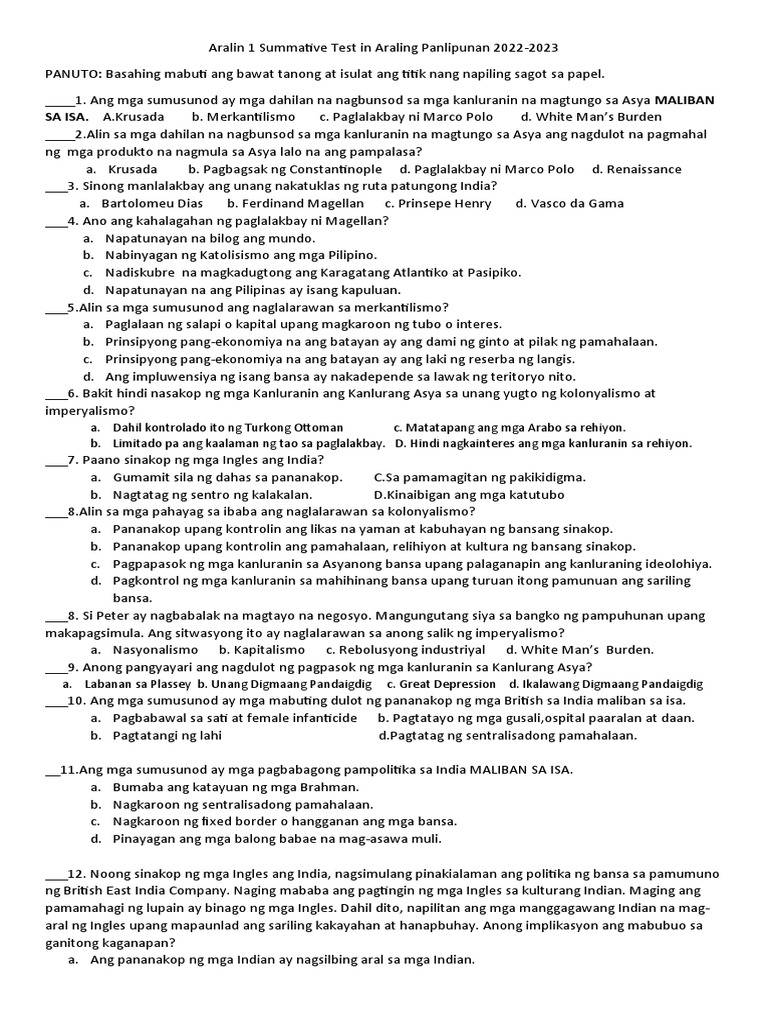 Aralin 1 Summative Test | PDF
