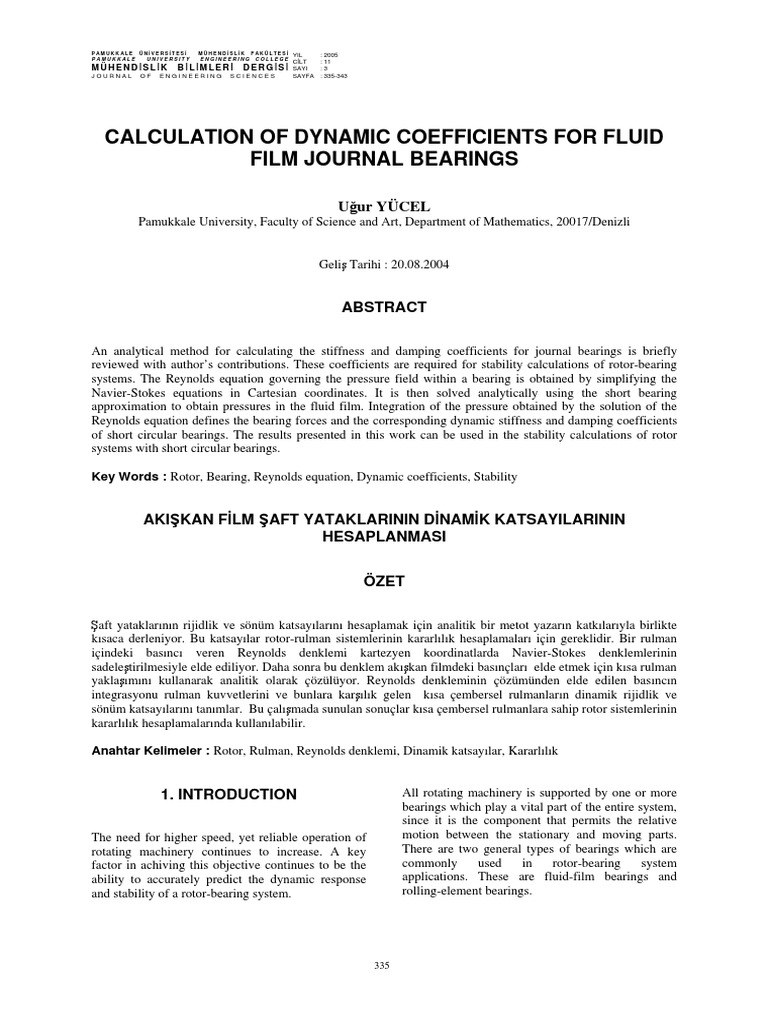 Calculation of Dynamic Coefficients For Fluid Film Journal Bearings PDF