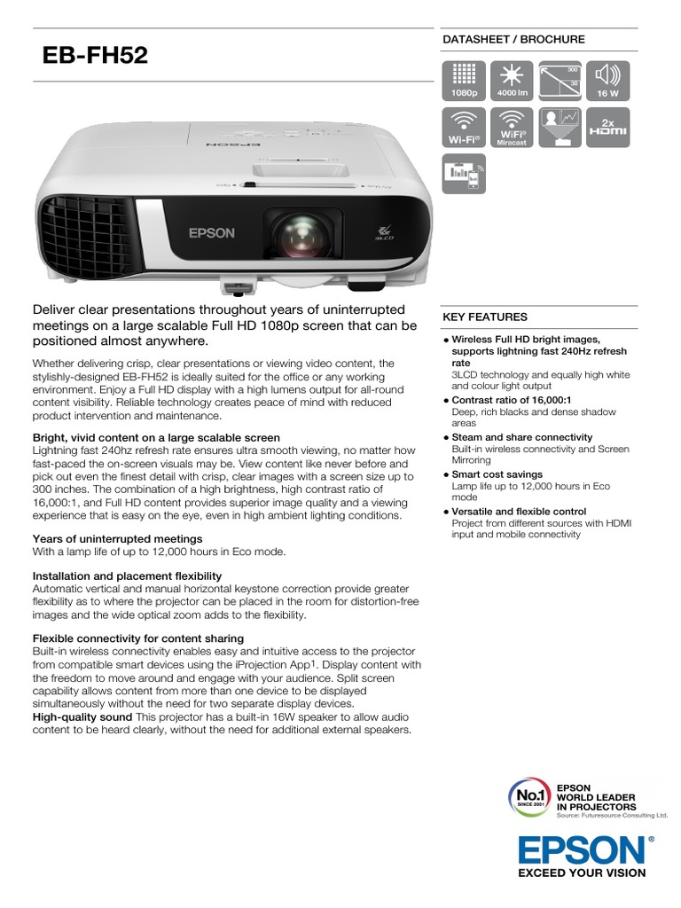 Epson EB-FH52 Projector Datasheet | PDF | Computer Monitor | Camera Lens