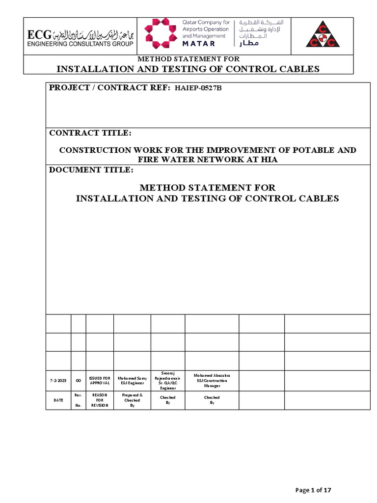 Method Statement For Installation And Testing Of Control Cables Pdf