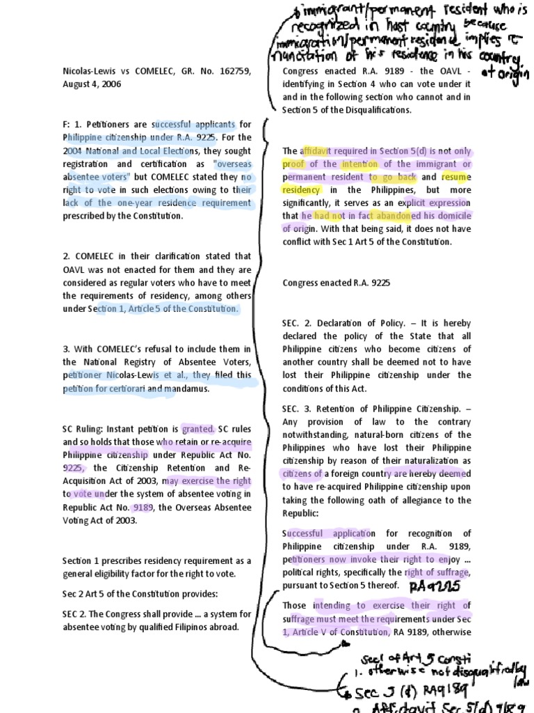 Case Digest Nicolas Lewis Vs COMELEC PDF Domicile (Law) Citizenship