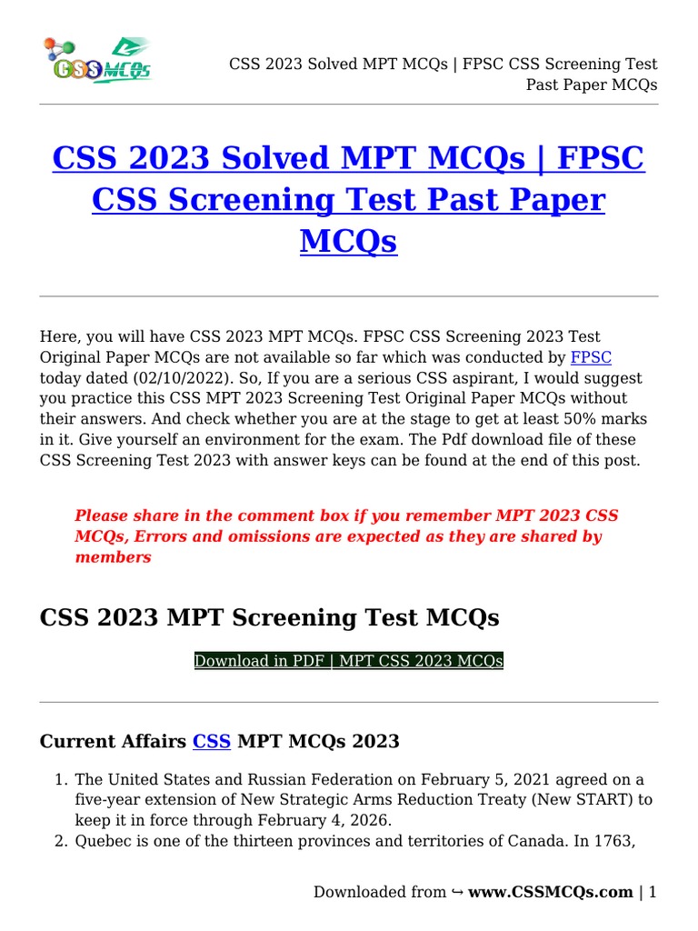 CSS 2023 Solved MPT MCQs - FPSC CSS Screening Test Past Paper MCQs | PDF