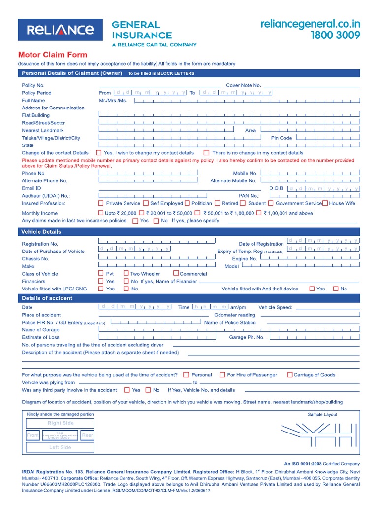 Reliance - Motor Claim Form PDF | PDF