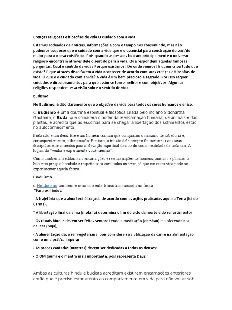 Crenças Religiosas e Filosofias de Vida O Cuidado Com A Vida PDF Reencarnação Significado