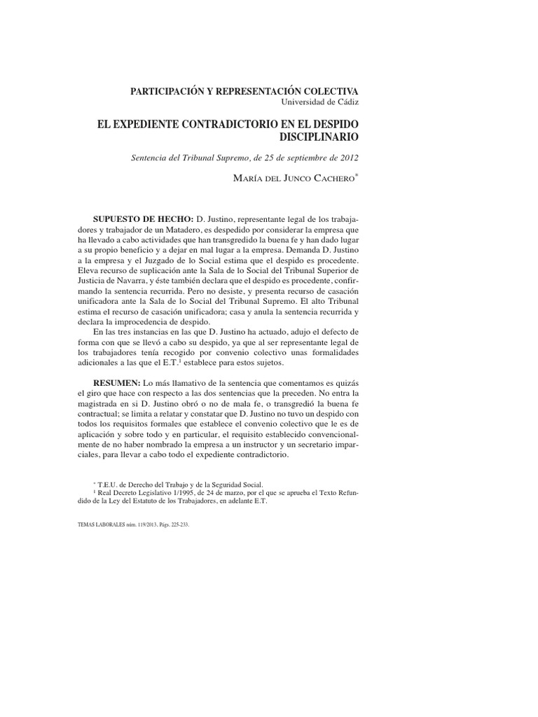 El Expediente Contradictorio en El Despido Disciplinario: Participación ...