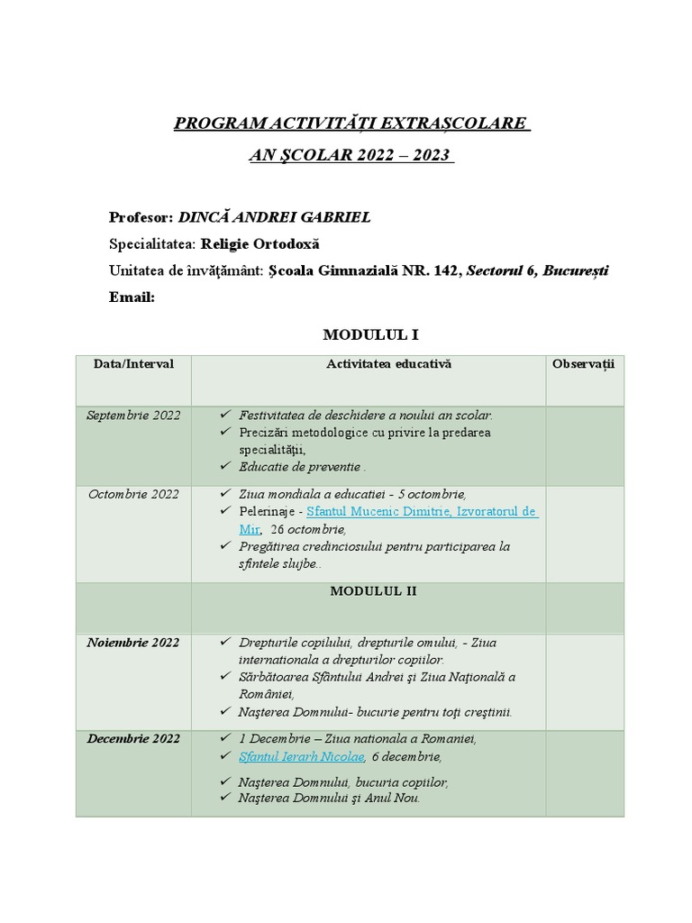 Calendarul Activitatilor Educative PDF