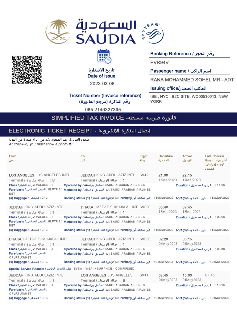 Saudi Airlines Electronic Ticket Receipt | PDF