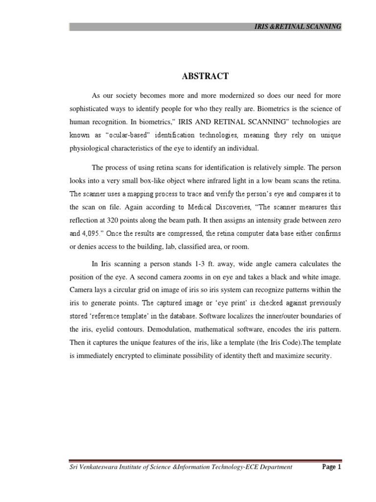 Seminar Report On Retinal and Iris Scann PDF Biometrics Retina