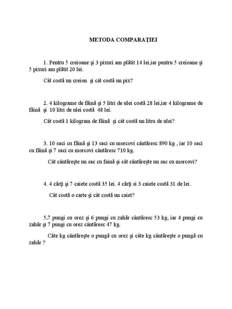 probleme matematica clasa 4 metoda comparatiei