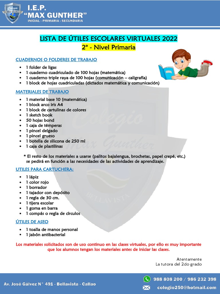 Lista de Útiles Escolares - Primaria - 2 Grado | PDF