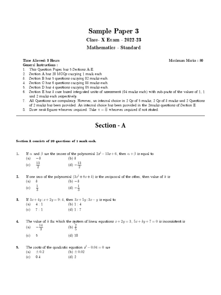 Class 10 Math Sample Paper 3 | PDF | Circle | Area