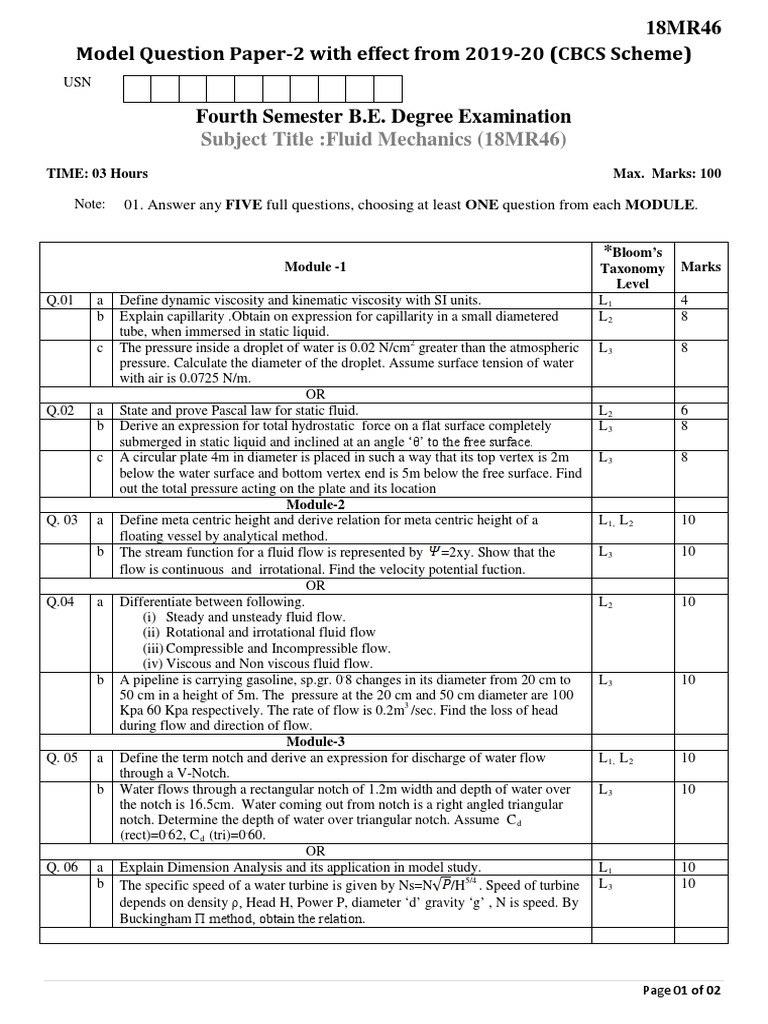 Be MR 4 Sem Fluid Mechanics p2 18mr46 2020 PDF Fluid Dynamics