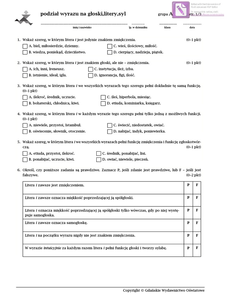 Sprawdzian Głoski Litery Sylaby Klasa 5