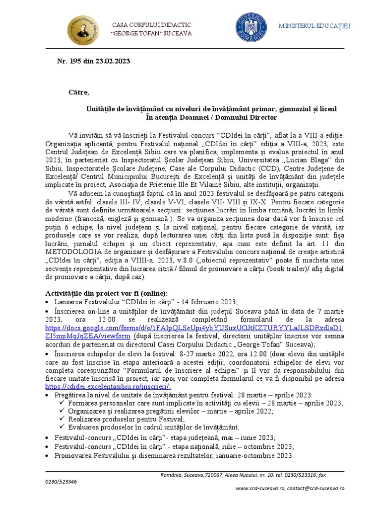 Festival CDidei in Carti 2023 Inscrieri Scoli PDF