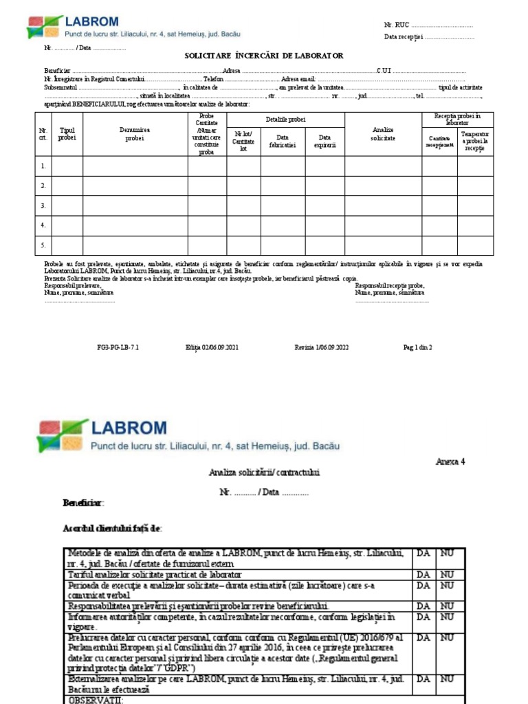 Solicitare Incercari de Laborator LABROM | PDF