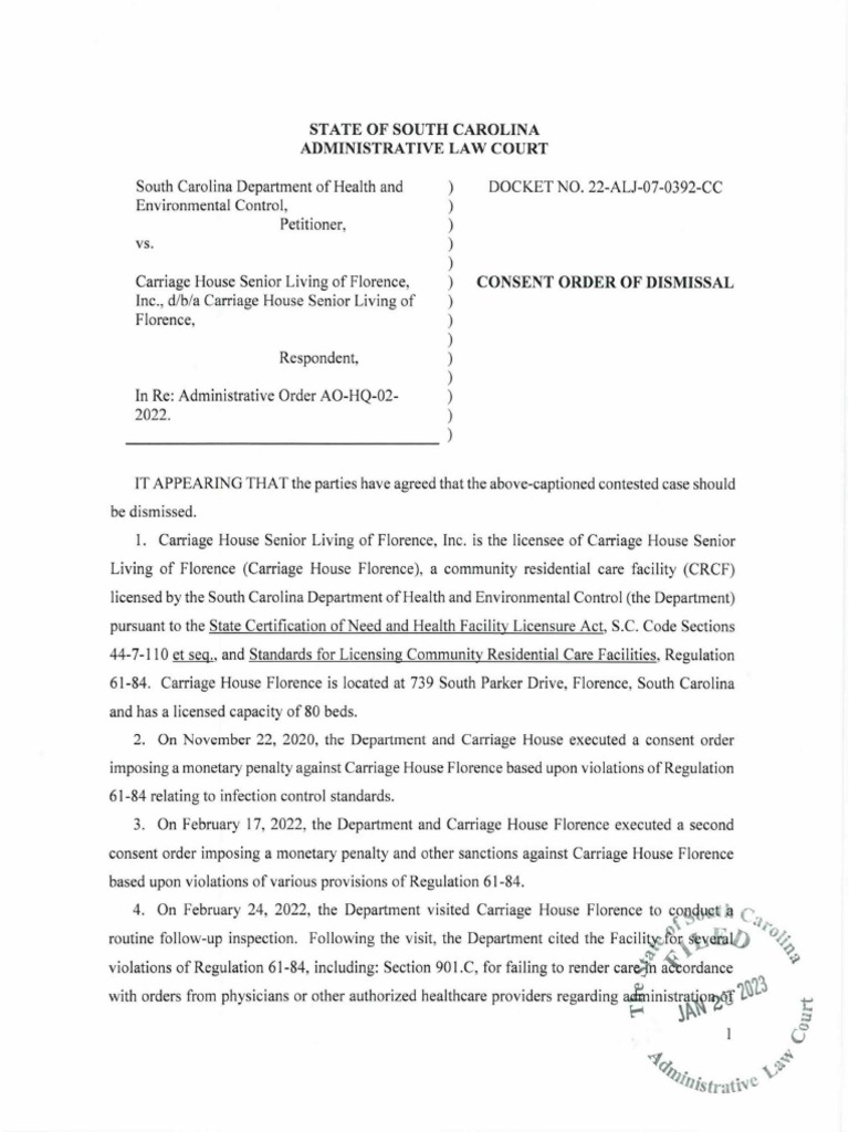 DHEC vs. Carriage House Lawsuit PDF Bedding Consent Decree
