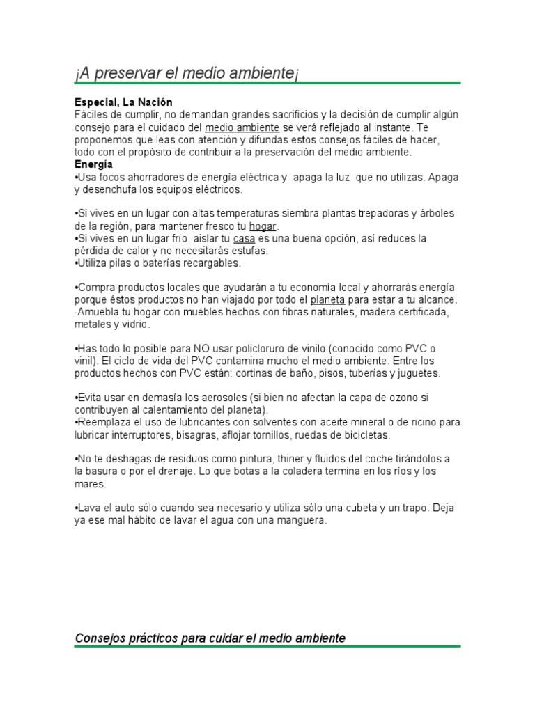 Consejos para cuidar el medio ambiente | PDF | Residuos | Entorno natural