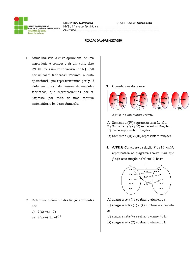Exercícios de Funções Matemáticas para 1º Ano | PDF | Função ...